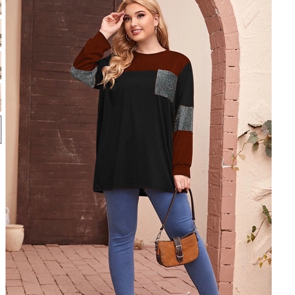 SHEIN Plus Spliced Glitter Pocket Color Block Tee - Picture 4 of 5